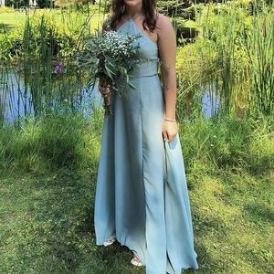 Halter neck whisper green bridesmaids dress